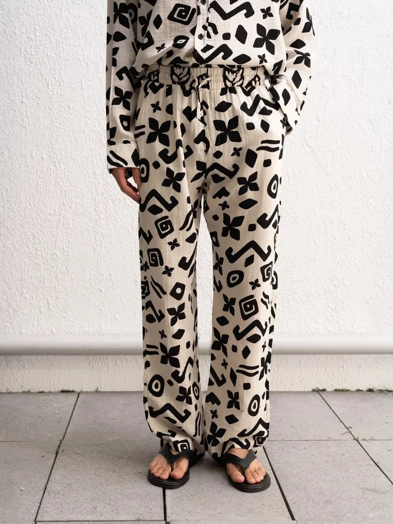 جيستو GIESTO Ethnic Print Relaxed Fit Wide Leg Pants